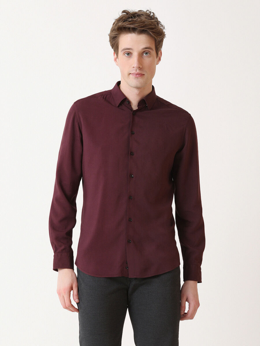 Bordo Düz Slim Fit Uzun Dokuma Casual Gömlek - 4