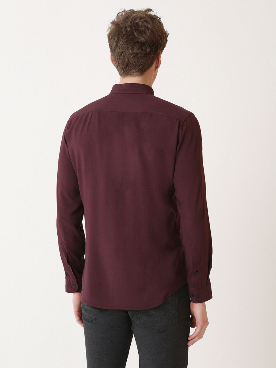 Bordo Düz Slim Fit Uzun Dokuma Casual Gömlek - 5