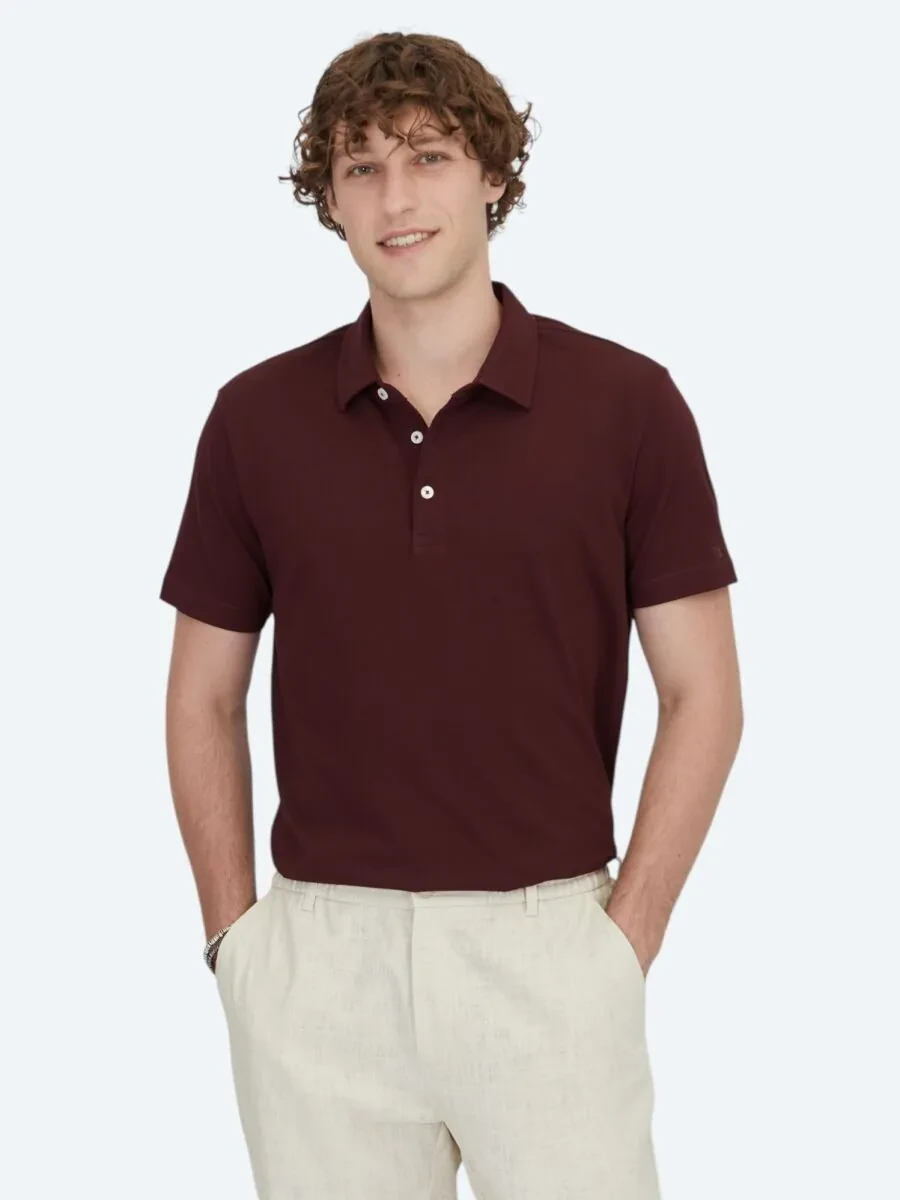 Bordo Polo Yaka Pamuk Karışımlı T-Shirt - 1