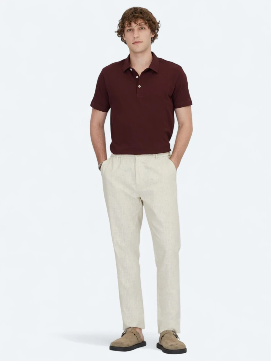 Bordo Polo Yaka Pamuk Karışımlı T-Shirt - 2