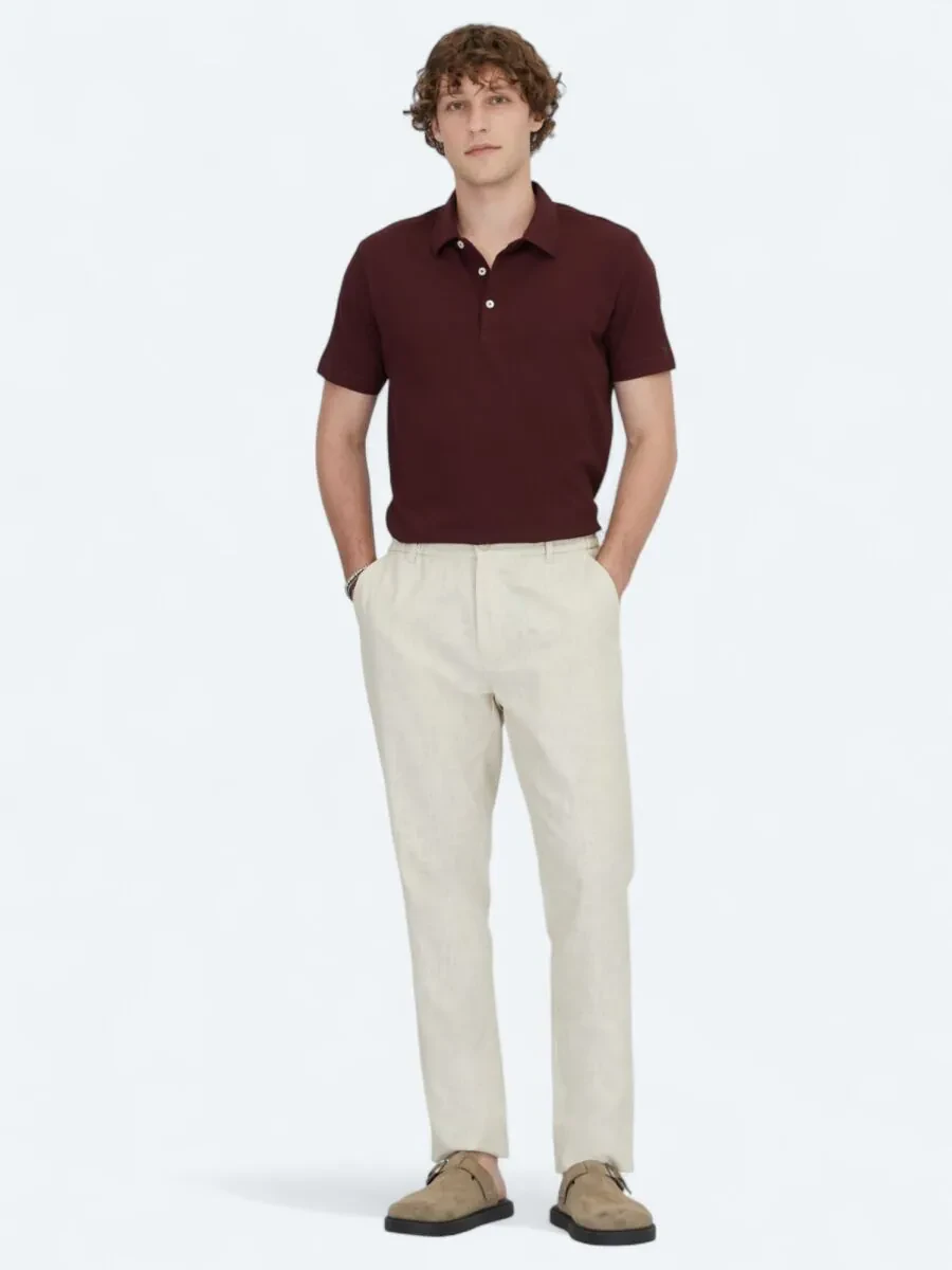 Bordo Polo Yaka Pamuk Karışımlı T-Shirt - 2