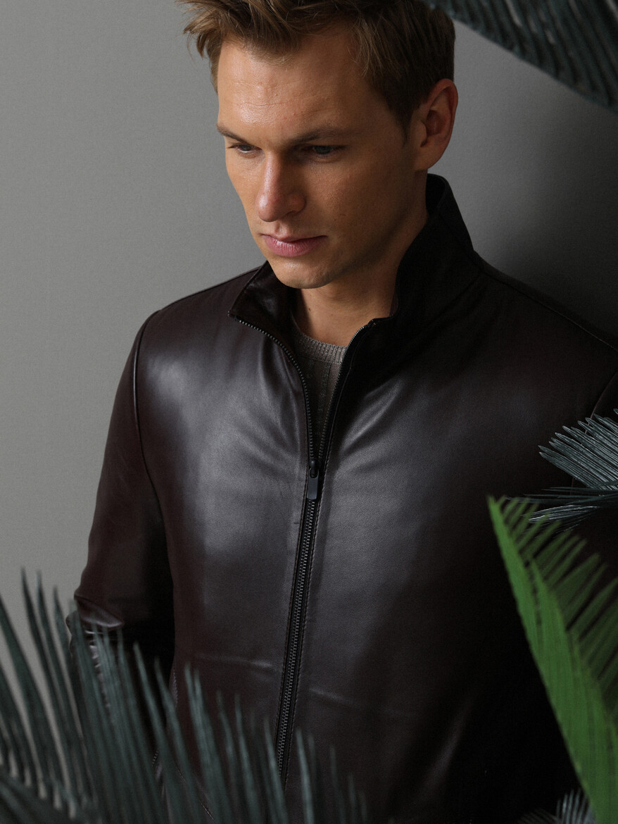Bordo Regular Fit Dik Yaka Casual Deri Deri Mont - 2
