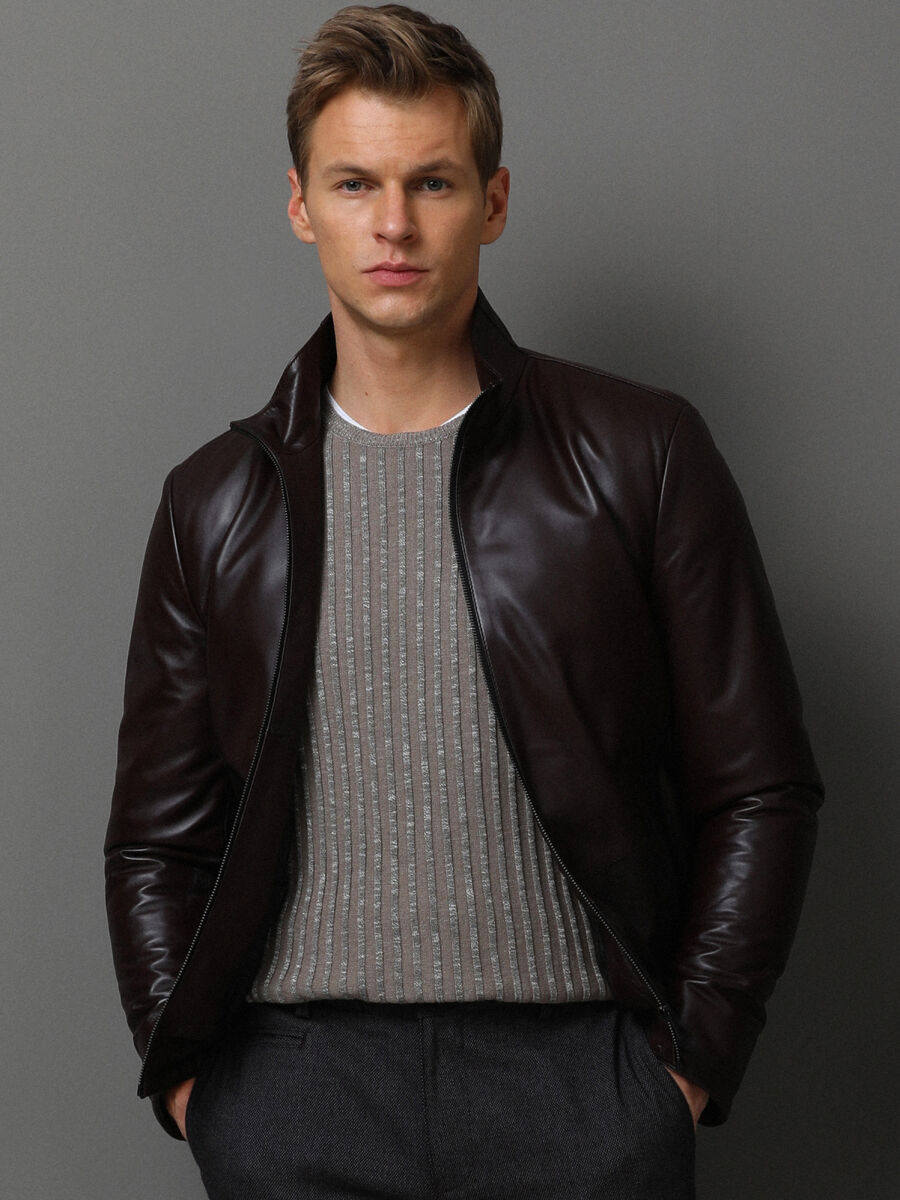Bordo Regular Fit Dik Yaka Casual Deri Deri Mont - 4