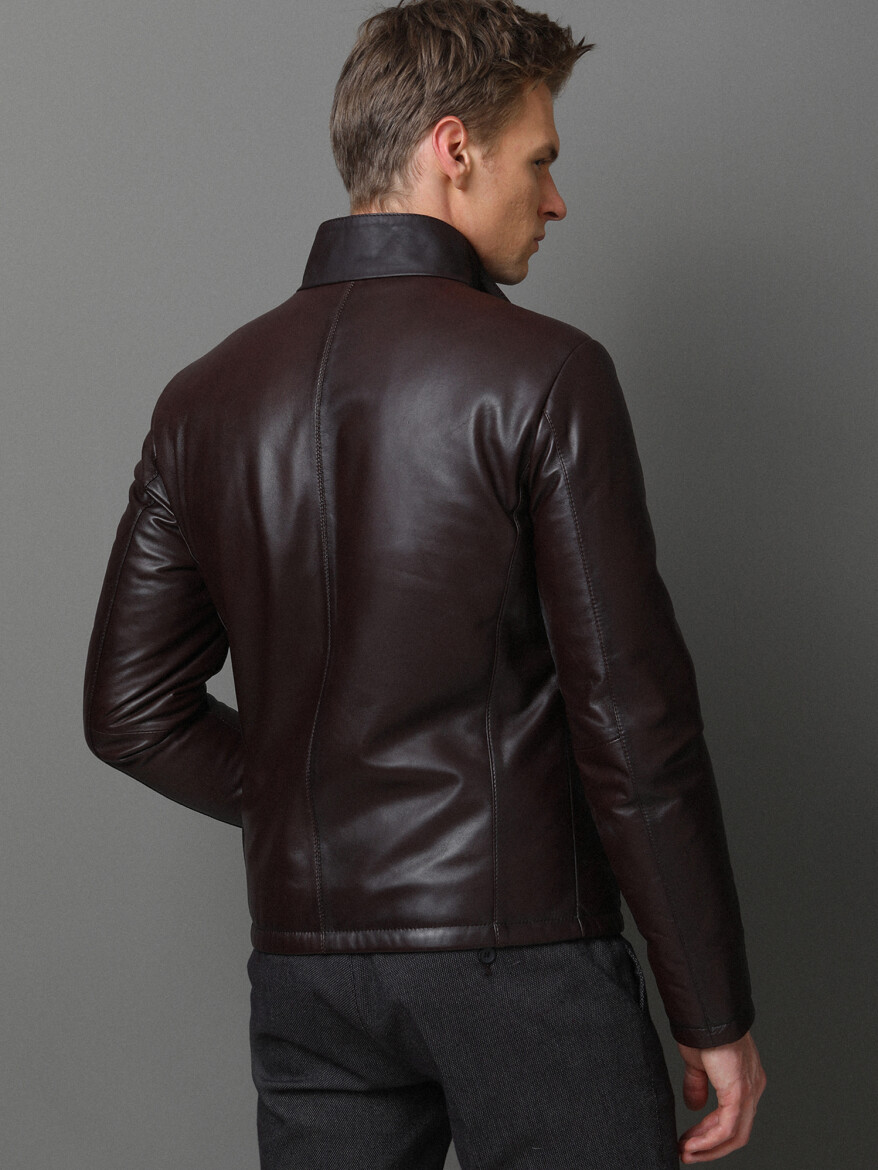 Bordo Regular Fit Dik Yaka Casual Deri Deri Mont - 5