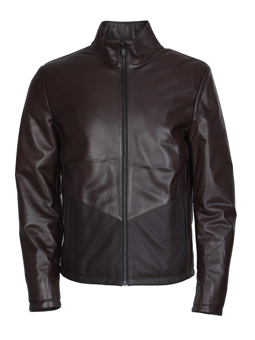 Bordo Regular Fit Dik Yaka Casual Deri Deri Mont - 6
