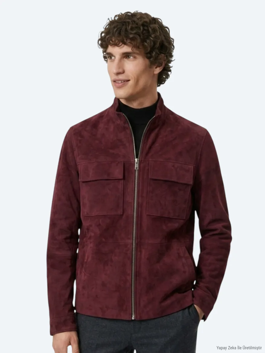 Bordo Regular Fit Dik Yaka Casual Süet Deri Mont - KİP