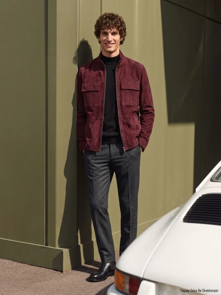 Bordo Regular Fit Dik Yaka Casual Süet Deri Mont - KİP