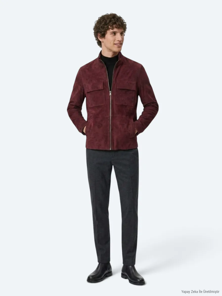 Bordo Regular Fit Dik Yaka Casual Süet Deri Mont - 3