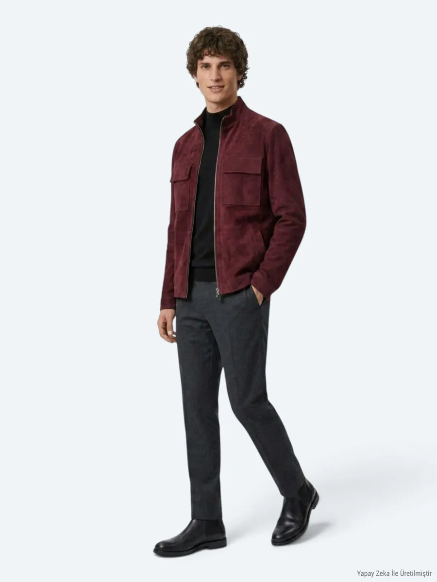 Bordo Regular Fit Dik Yaka Casual Süet Deri Mont - 4