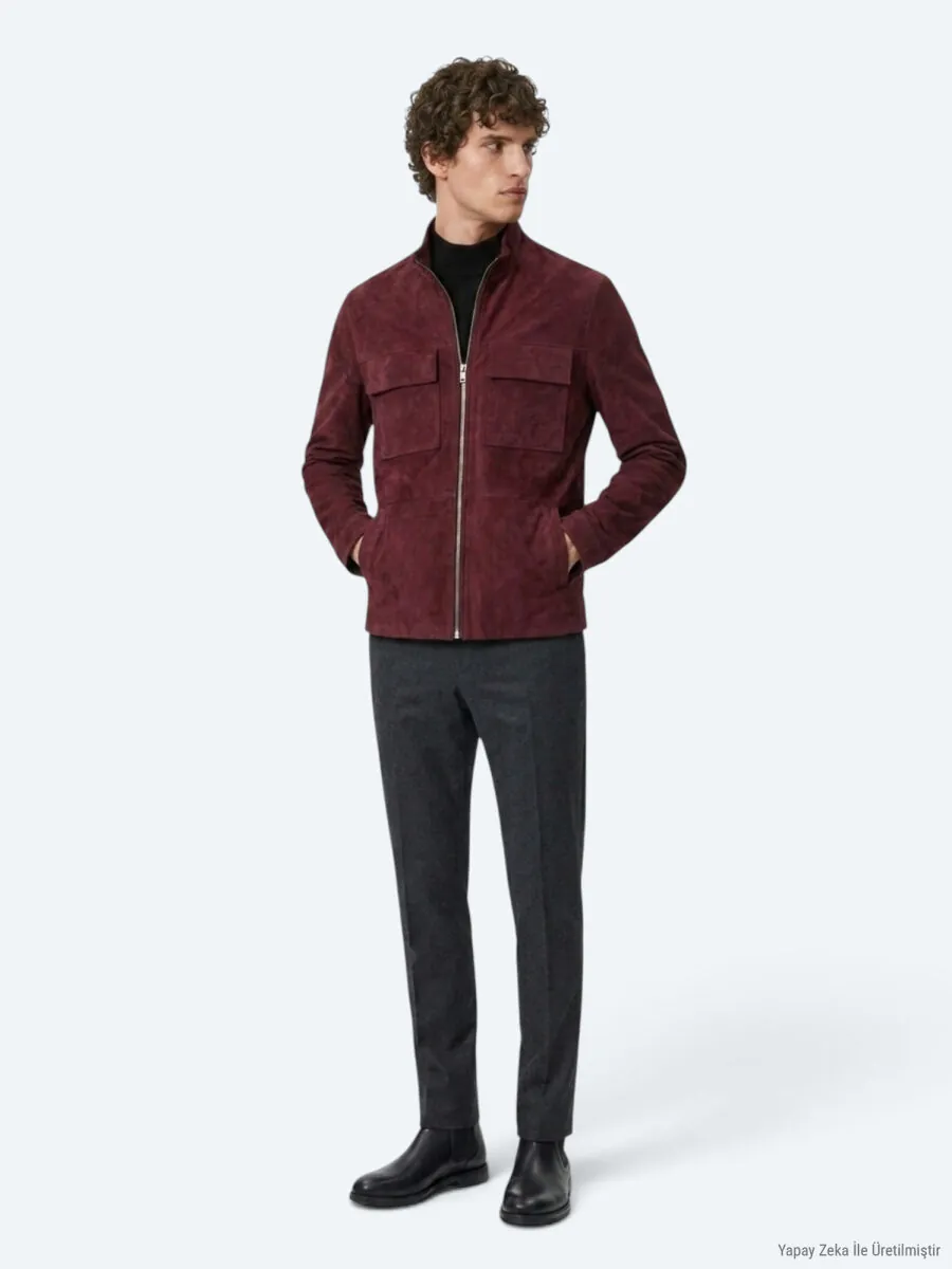Bordo Regular Fit Dik Yaka Casual Süet Deri Mont - 5