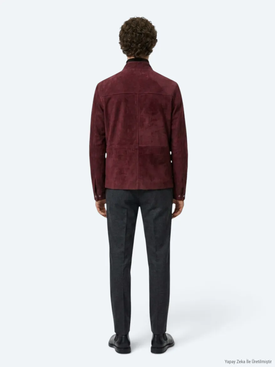 Bordo Regular Fit Dik Yaka Casual Süet Deri Mont - 6