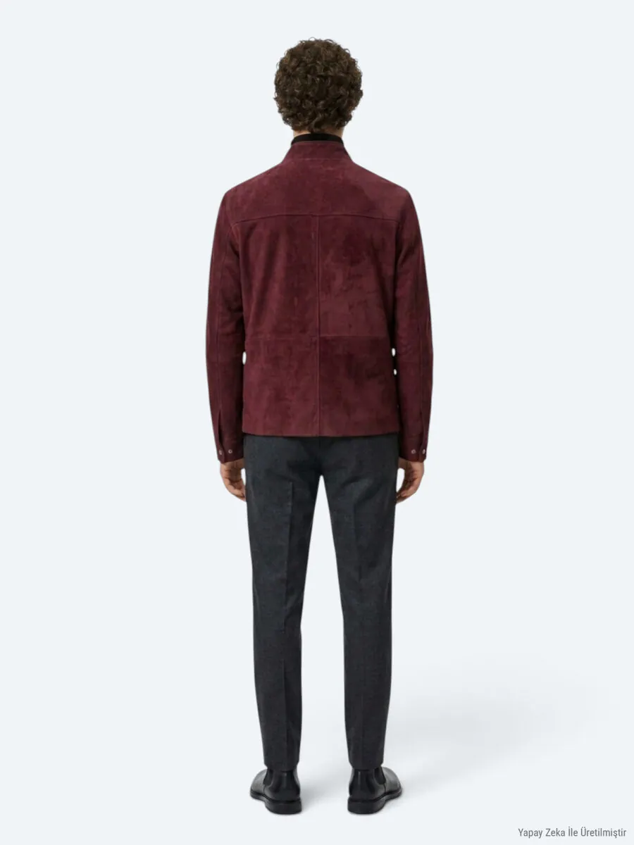 Bordo Regular Fit Dik Yaka Casual Süet Deri Mont - 6