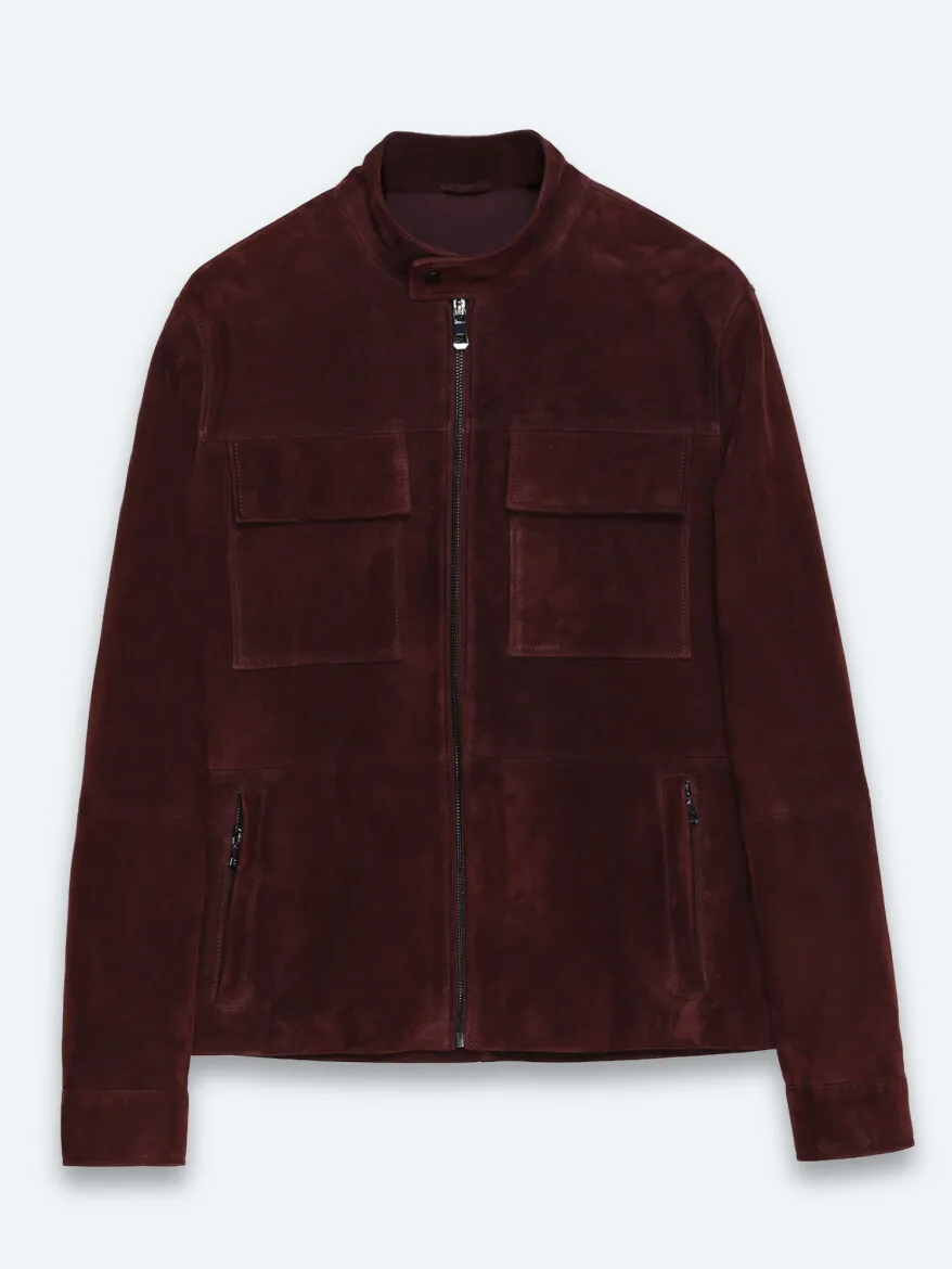 Bordo Regular Fit Dik Yaka Casual Süet Deri Mont - 7