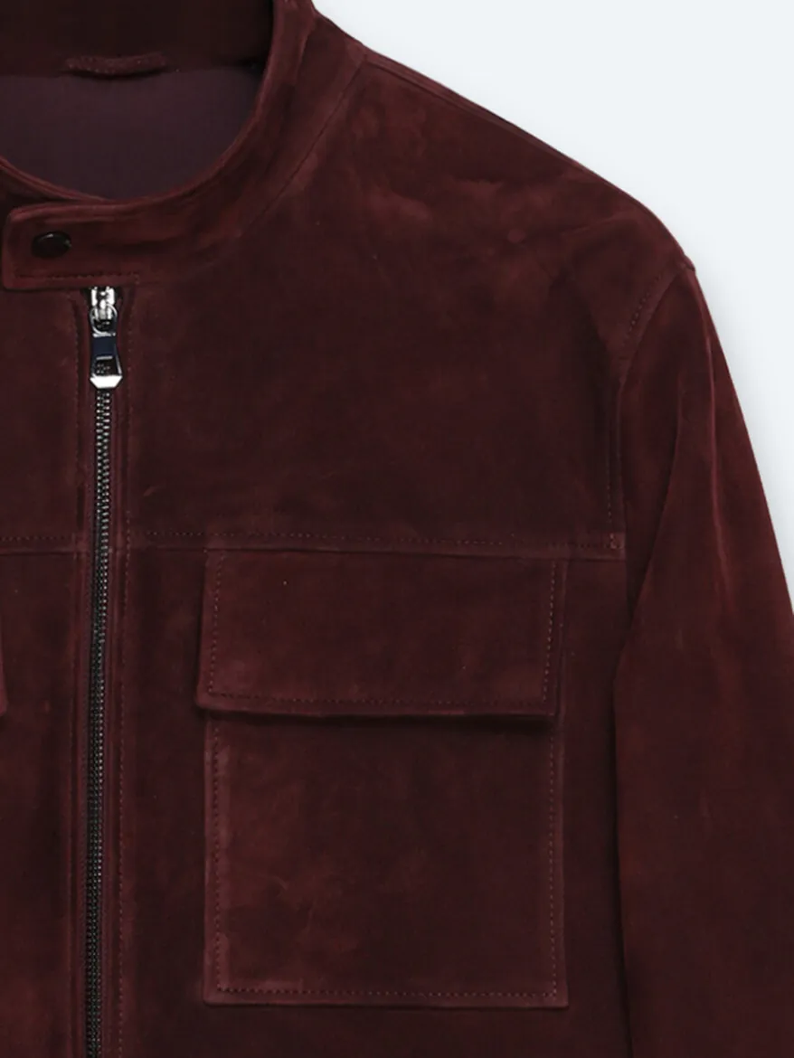 Bordo Regular Fit Dik Yaka Casual Süet Deri Mont - 8