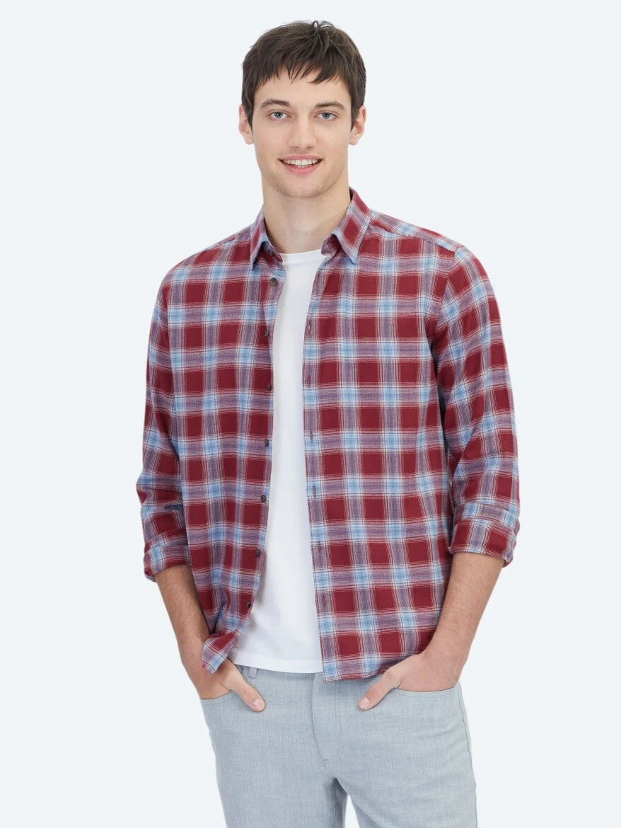 Bordo Regular Fit Dokuma Casual %100 Pamuk Gömlek - 1