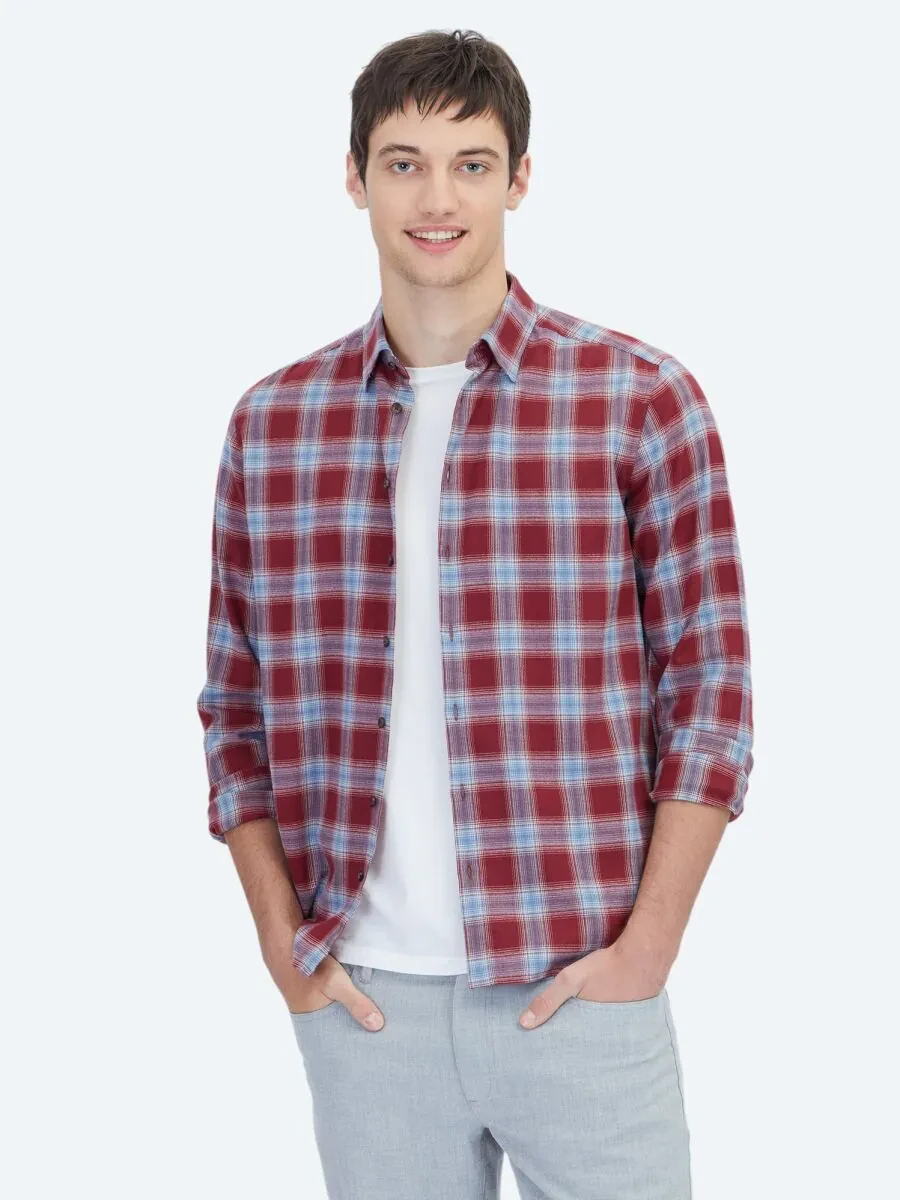 Bordo Regular Fit Dokuma Casual %100 Pamuk Gömlek - 1