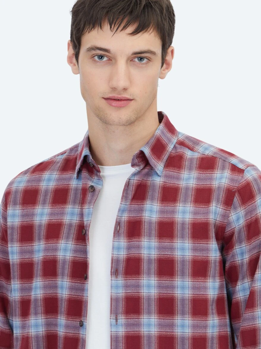 Bordo Regular Fit Dokuma Casual %100 Pamuk Gömlek - 4