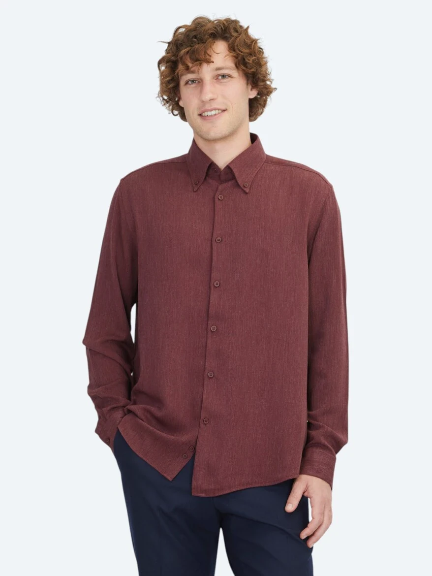 Bordo Regular Fit Dokuma Casual Gömlek - KİP