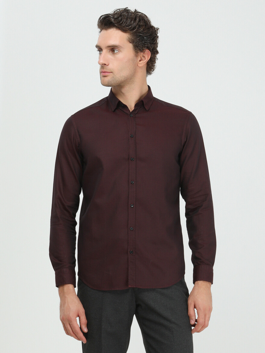 Bordo Regular Fit Dokuma Casual %100 Pamuk Gömlek - 1