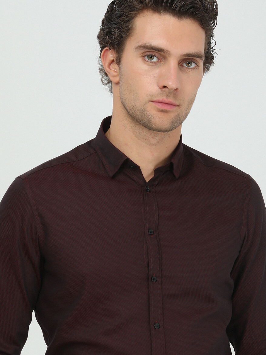 Bordo Regular Fit Dokuma Casual %100 Pamuk Gömlek - 2