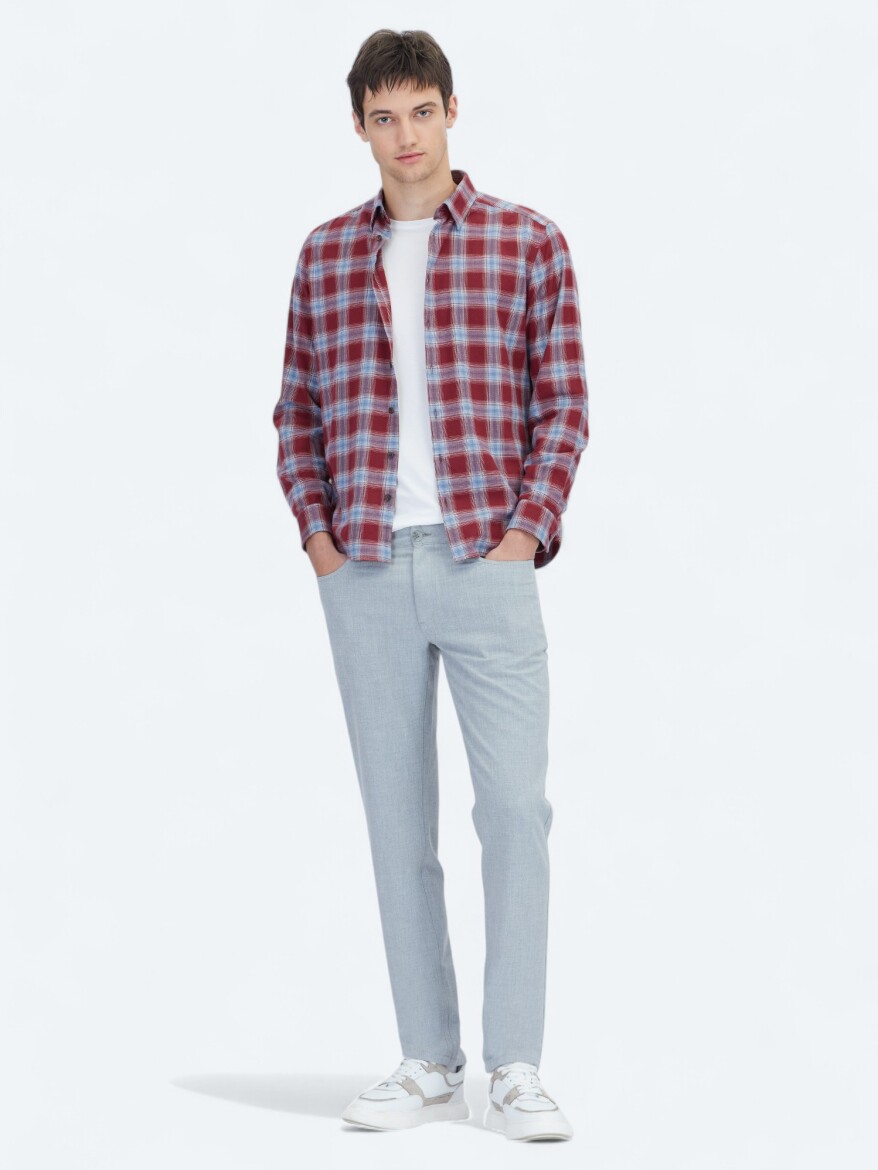 Bordo Regular Fit Uzun Dokuma Casual %100 Pamuk Gömlek - KİP