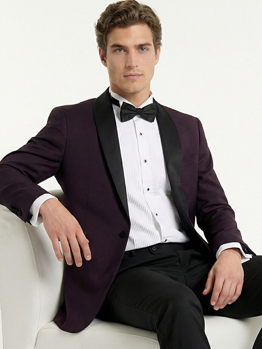 Bordo Slim Fit Çıkarılabilir Şal Yaka Dokuma Smokin Takım Elbise - 5