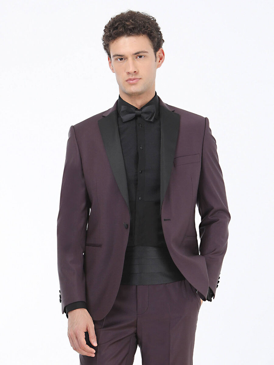 Bordo Slim Fit Kelebek Yaka Dokuma Smokin Takım Elbise - 1