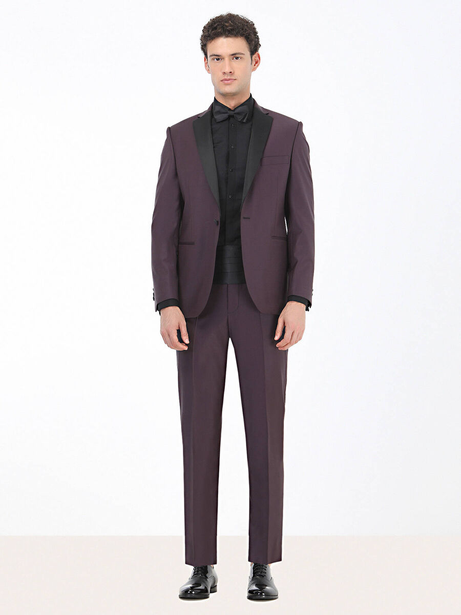 Bordo Slim Fit Kelebek Yaka Dokuma Smokin Takım Elbise - 2