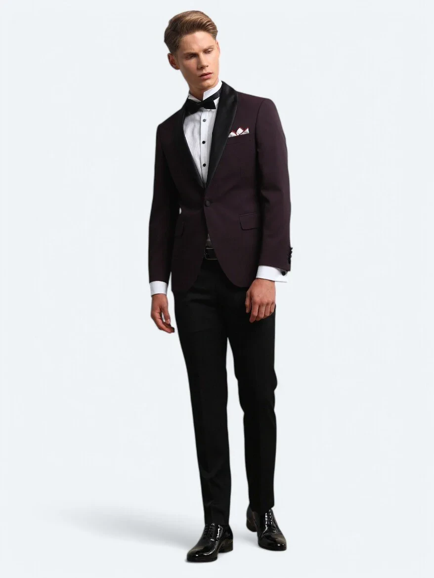 Bordo Slim Fit Şal Yaka Dokuma Smokin Takım Elbise - 1