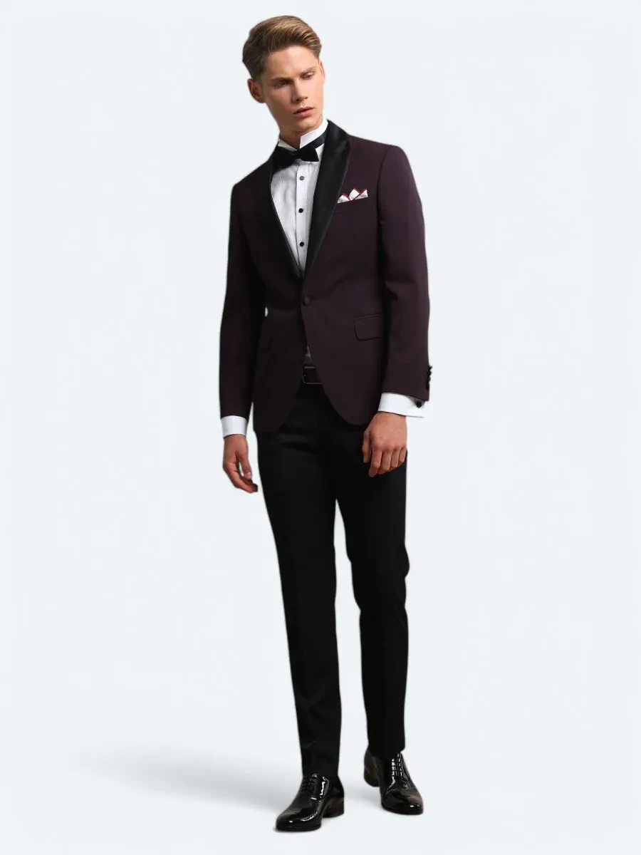 Bordo Slim Fit Şal Yaka Dokuma Smokin Takım Elbise - 1