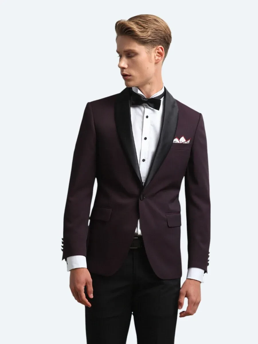 Bordo Slim Fit Şal Yaka Dokuma Smokin Takım Elbise - 2