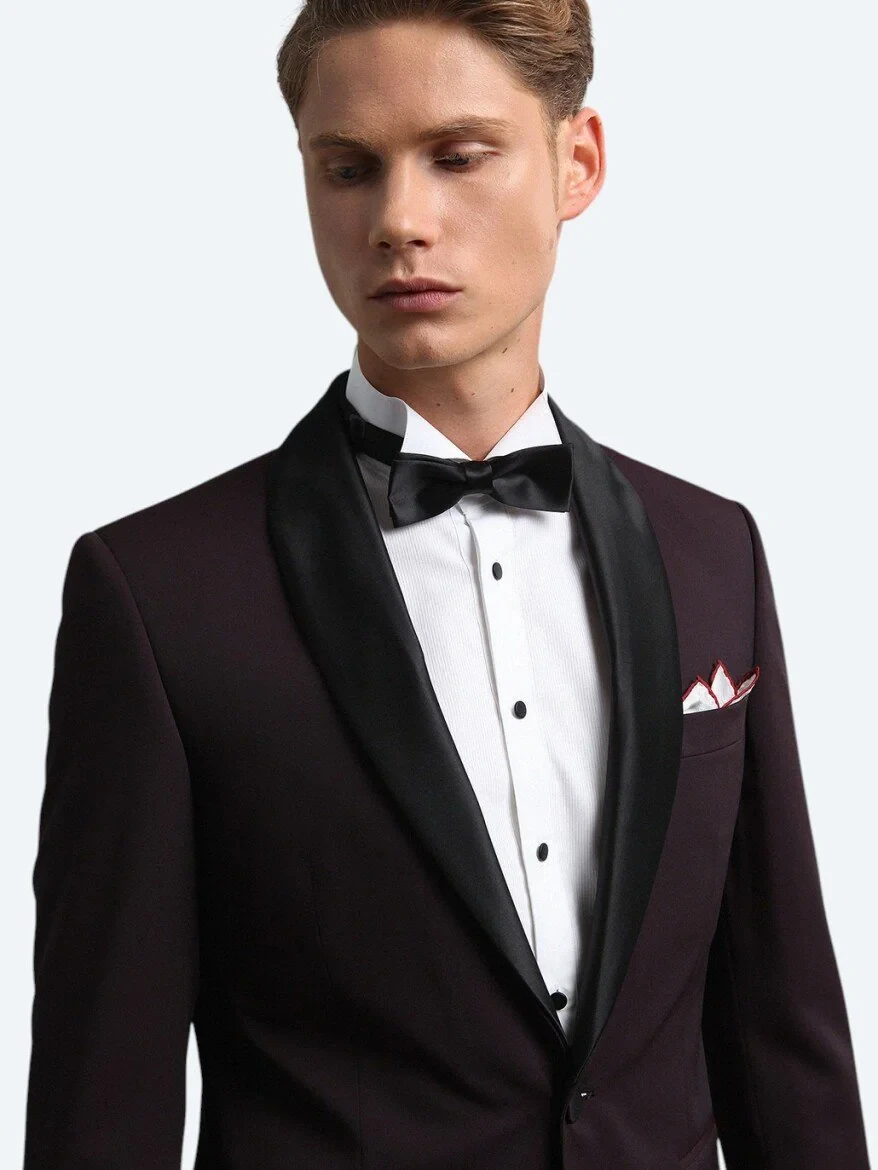Bordo Slim Fit Şal Yaka Dokuma Smokin Takım Elbise - 3