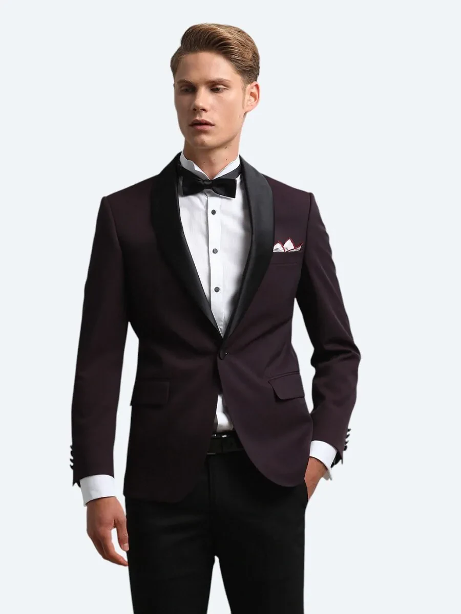 Bordo Slim Fit Şal Yaka Dokuma Smokin Takım Elbise - 4