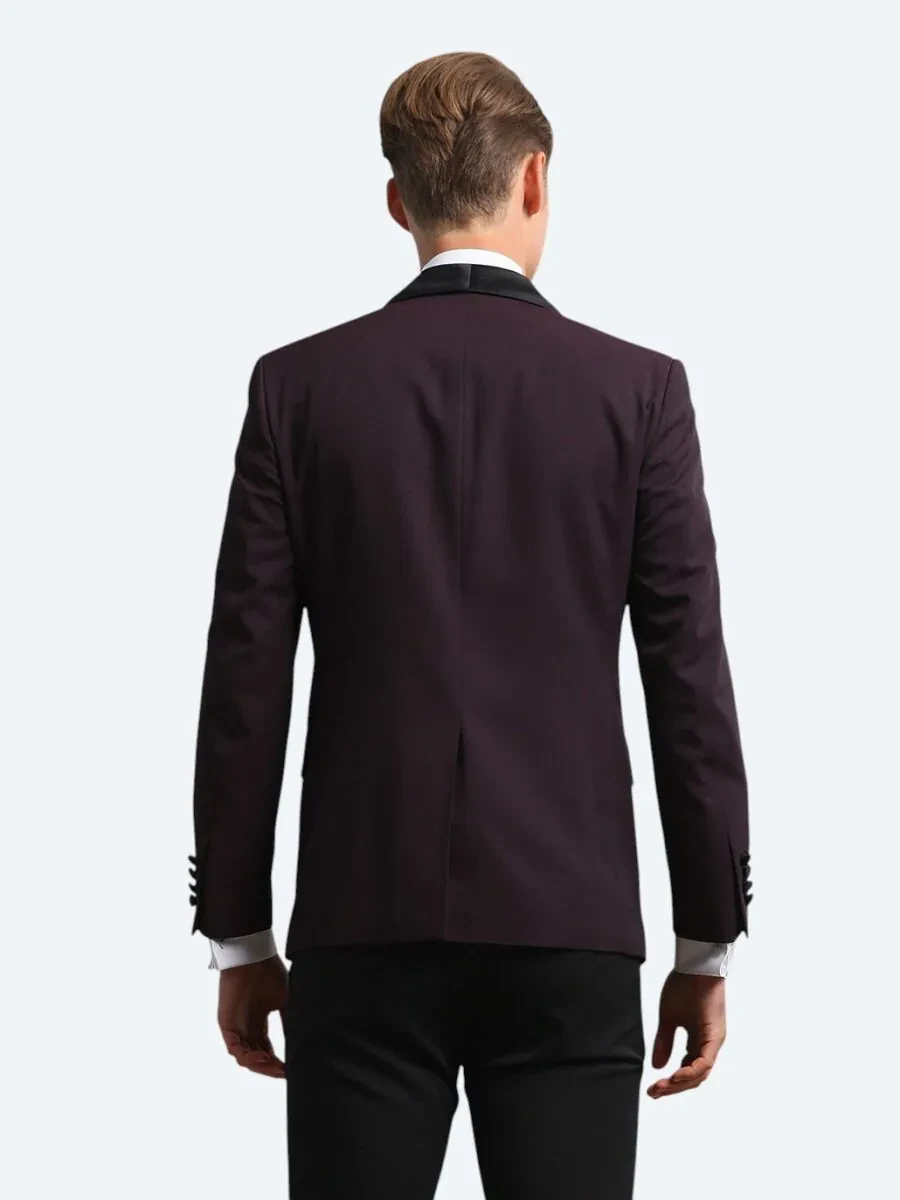 Bordo Slim Fit Şal Yaka Dokuma Smokin Takım Elbise - 5