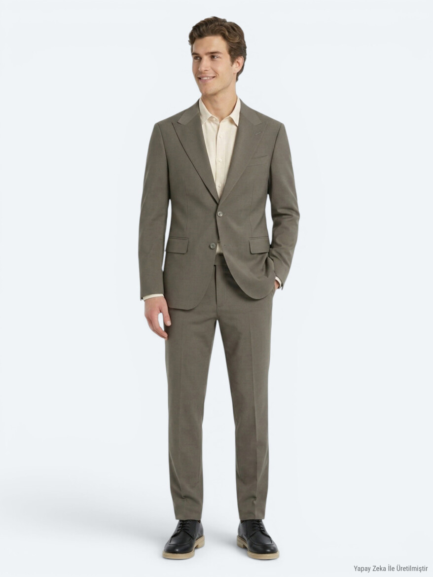 Brown Checkered Modern Fit 100% Wool Suit - 1