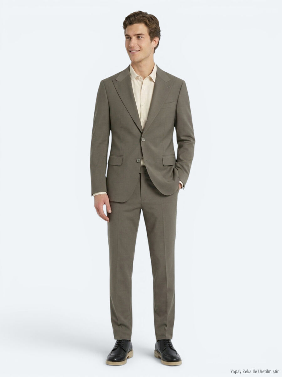 Brown Checkered Modern Fit 100% Wool Suit - 1