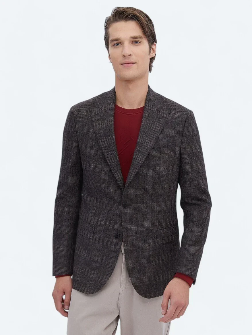 Brown Checkered Slim Fit 100% Wool Jacket - 1