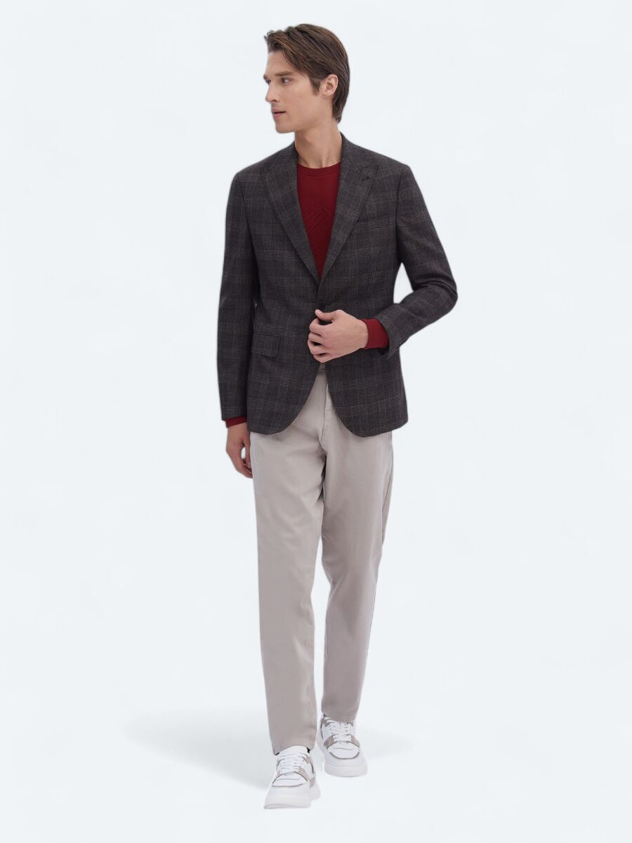 Brown Checkered Slim Fit 100% Wool Jacket - 2