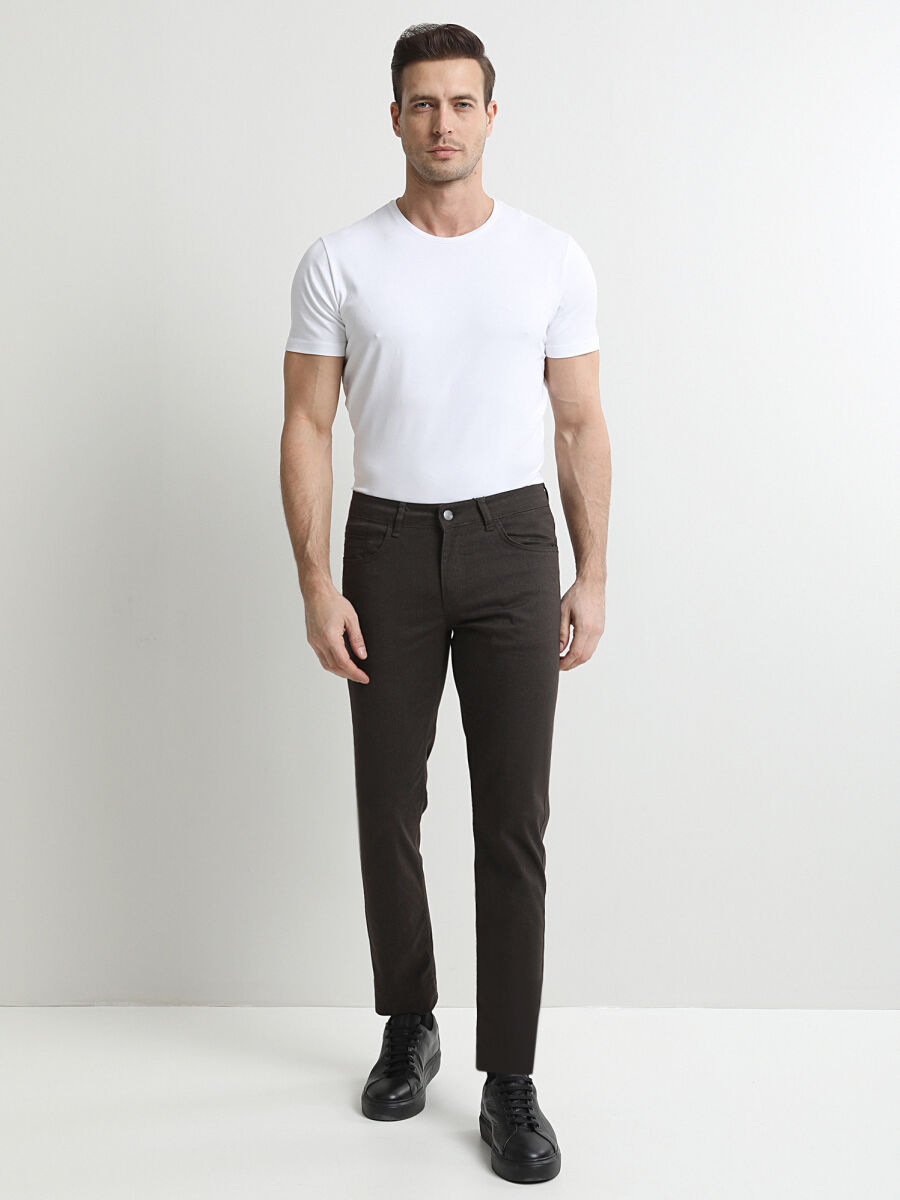 Brown Denim Regular Fit Casual Cotton Blended Trousers - 1