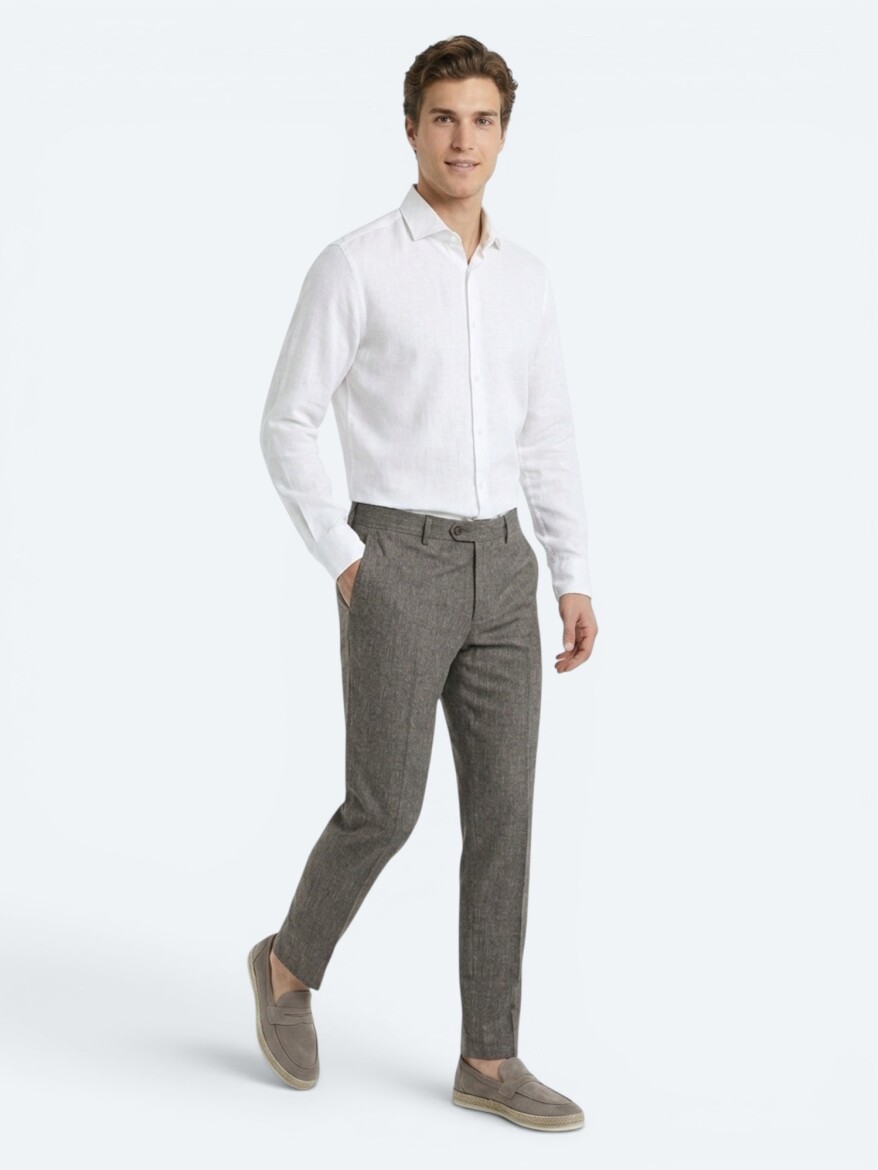 Brown Material Relaxed Fit Casual Linen Blended Trousers - 3