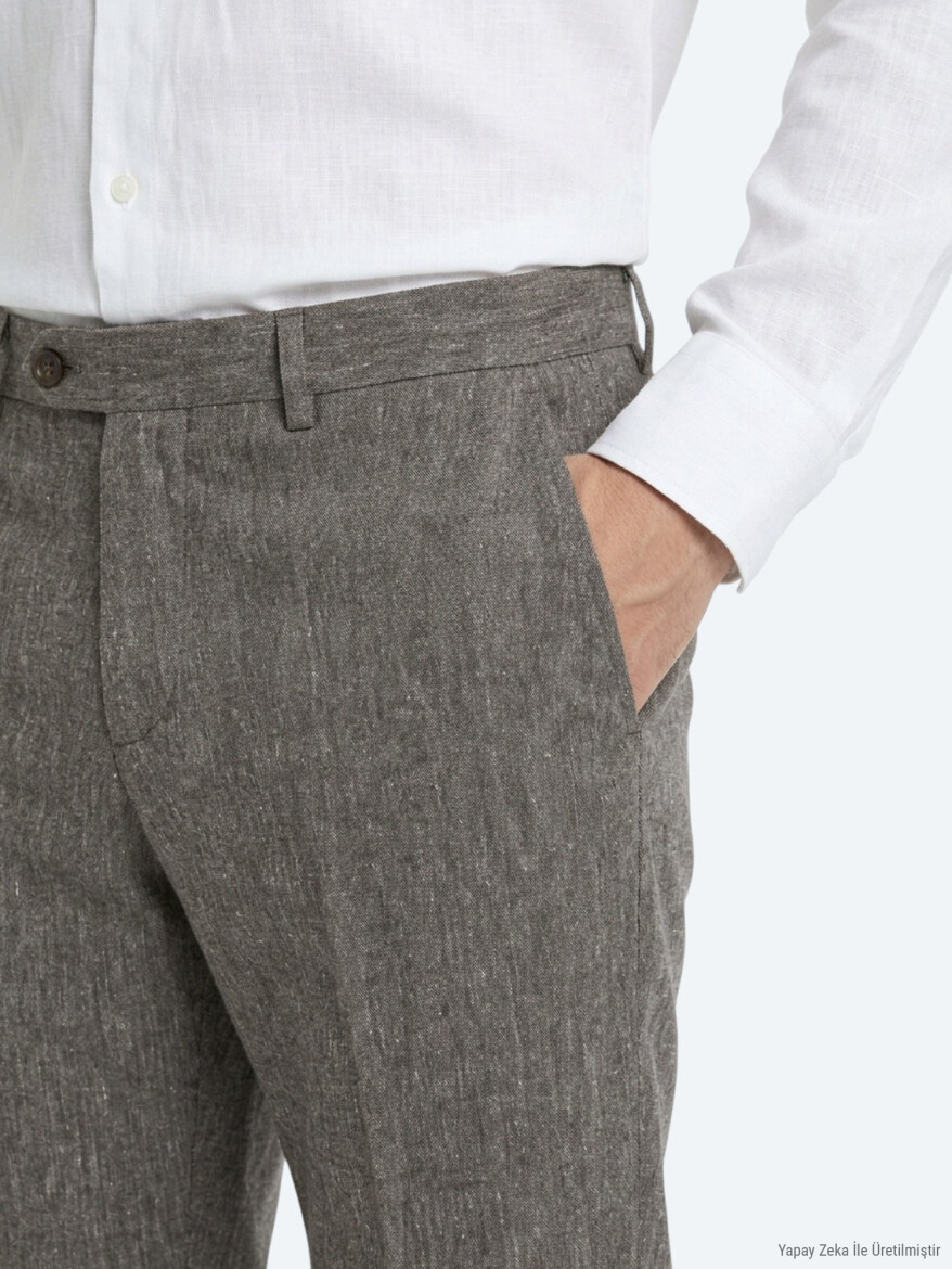 Brown Material Relaxed Fit Casual Linen Blended Trousers - 4