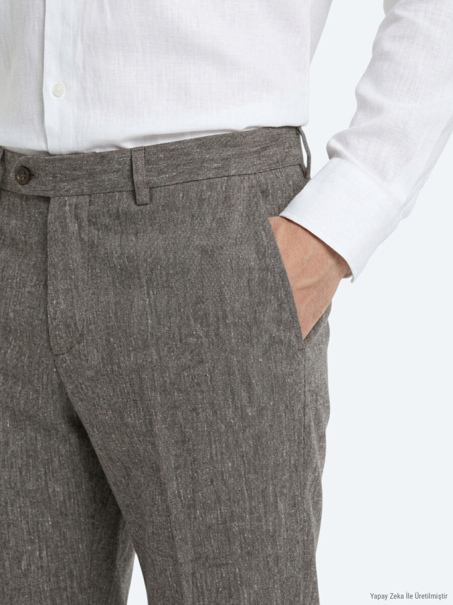 Brown Material Relaxed Fit Casual Linen Blended Trousers - 4