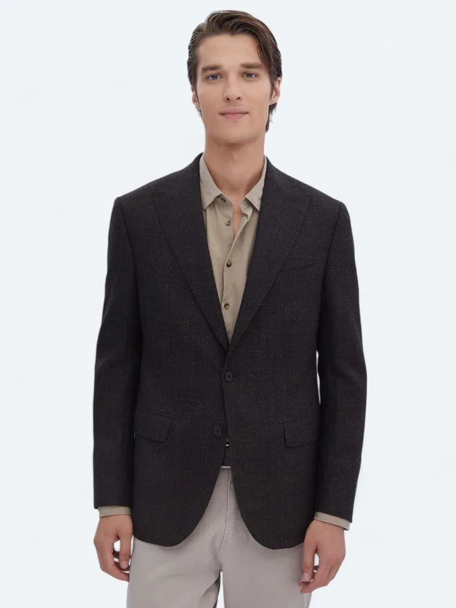 Brown Patterned Comfort Fit 100% Wool Jacket - 1