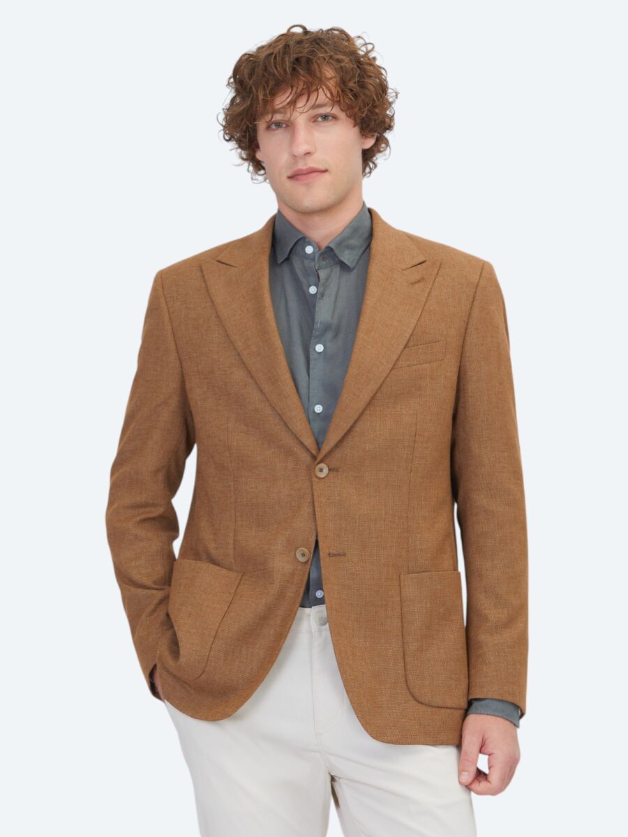 Brown Patterned Modern Fit Linen Blended Jacket - 1