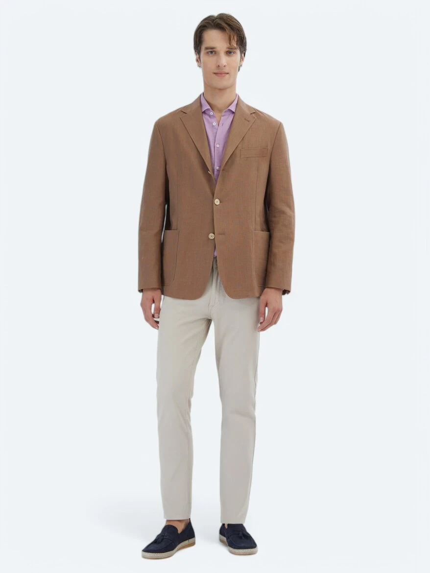 Brown Plain Comfort Fit Cotton Blended Jacket - 2