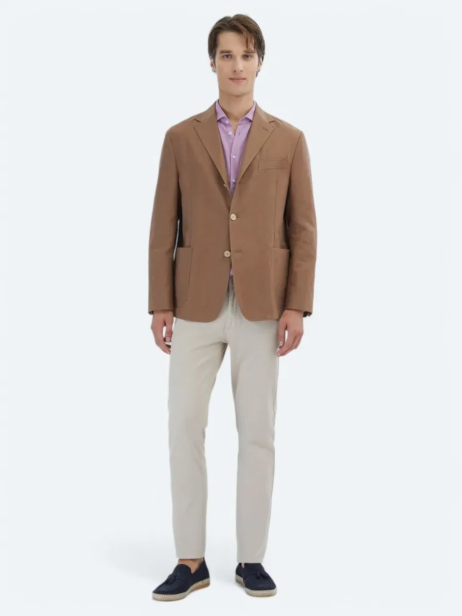 Brown Plain Comfort Fit Cotton Blended Jacket - 2