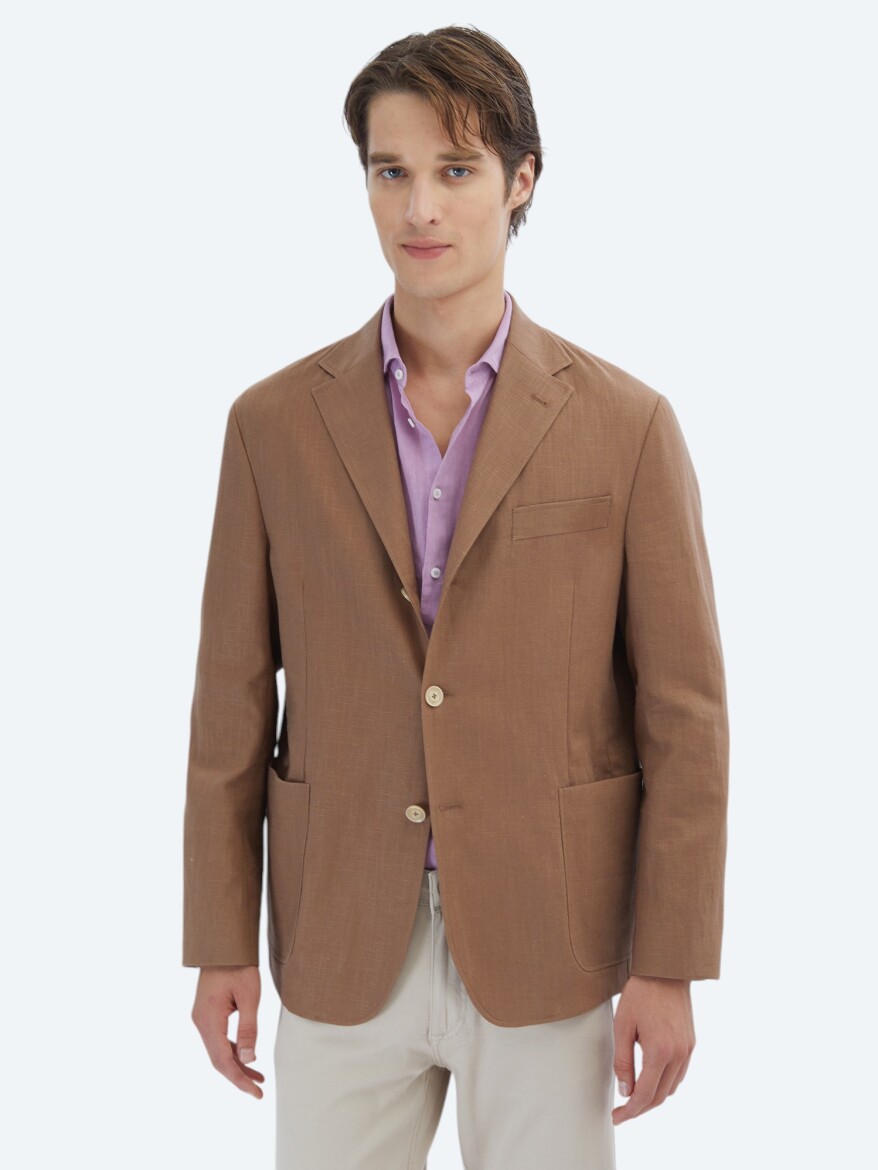 Brown Plain Comfort Fit Cotton Blended Jacket - 1