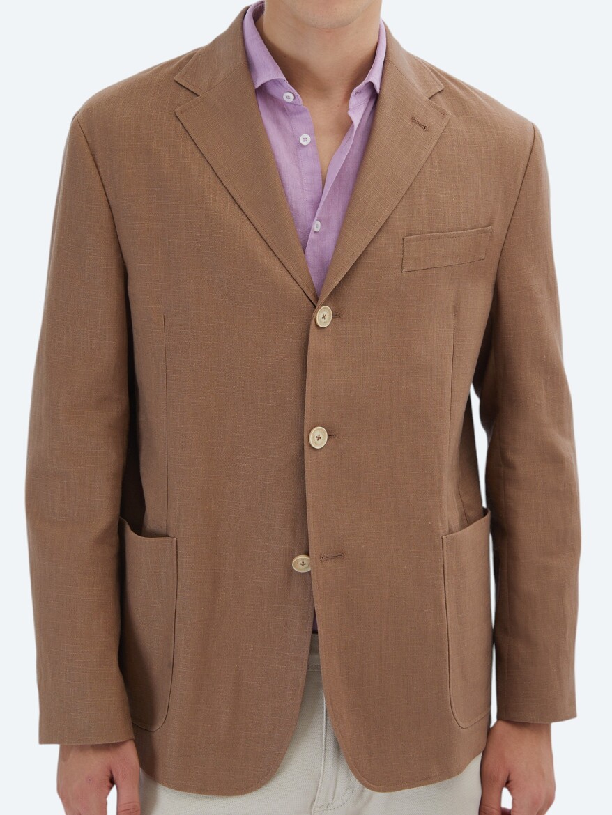 Brown Plain Comfort Fit Cotton Blended Jacket - 3