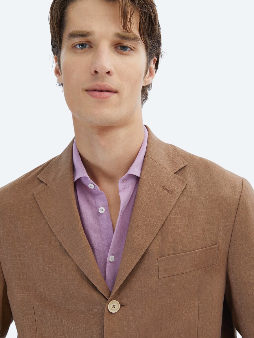 Brown Plain Comfort Fit Cotton Blended Jacket - 4