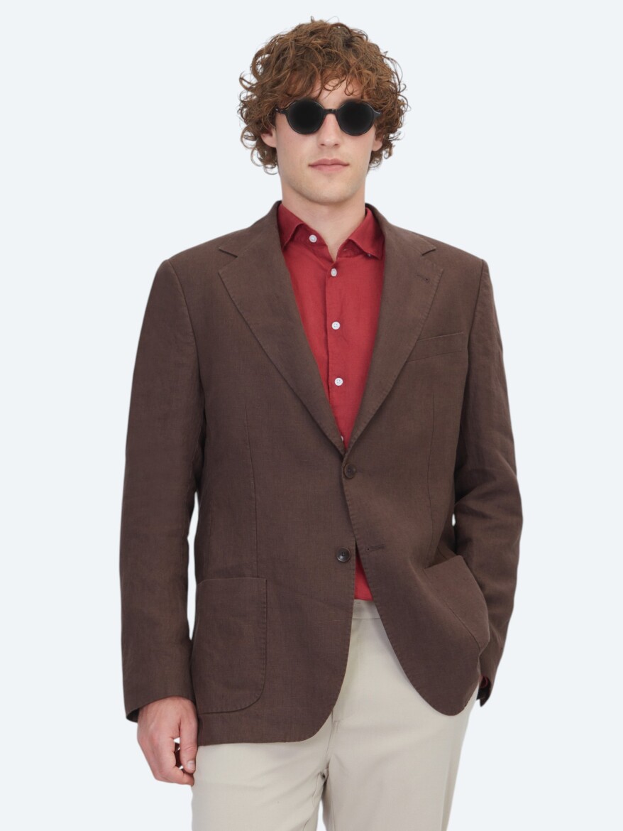 Brown Plain Modern Fit 100% Linen Jacket - 1